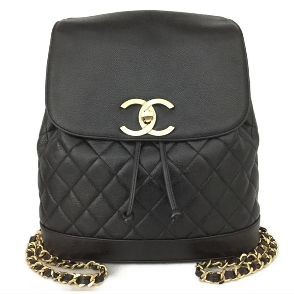 CHANEL Handbags - CHANEL Quilted Matelasse CC Logo Caviar Skin Chain Backpack Black